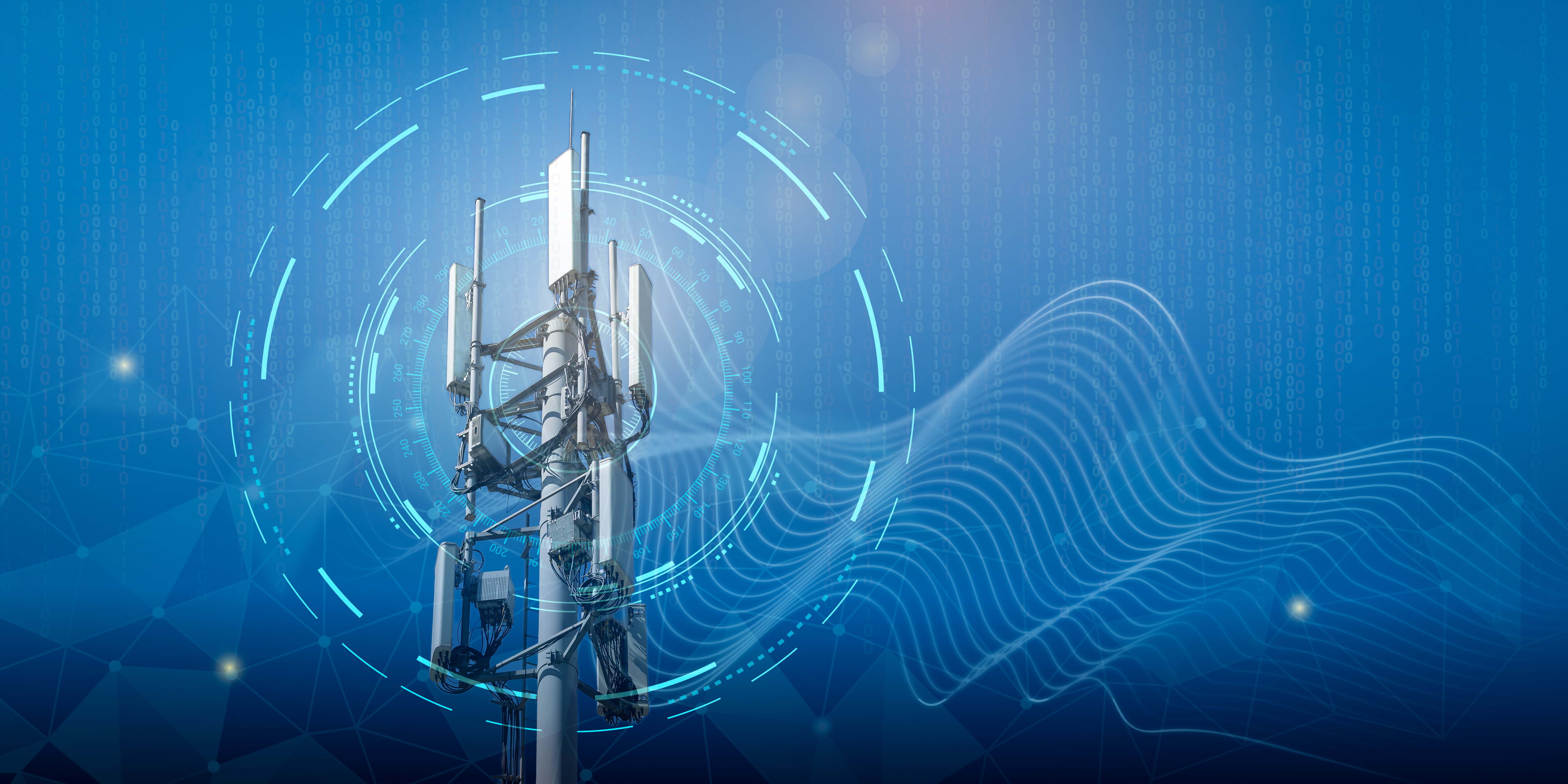 A stylized photo of a cell tower with 5G transmitters